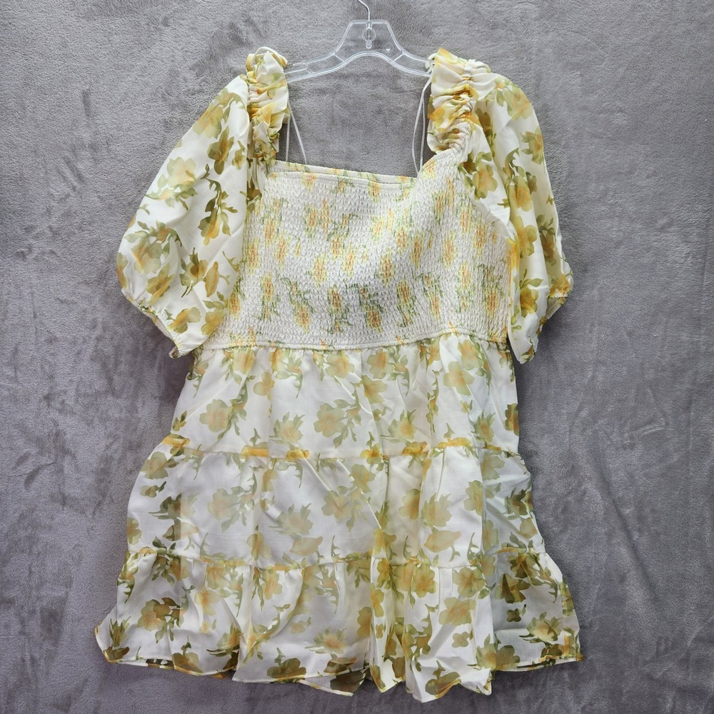 Layered With Love Dress Womens 2X Yellow Fade Floral Square Neck Tiered Jacquard - Picture 4 of 11
